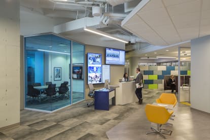 College building open space with bright finishes on modular wall systems