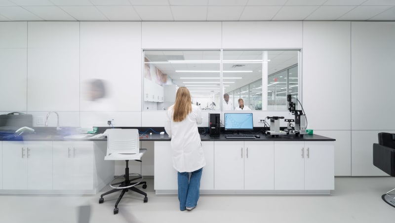 This lab space is made from DIRTT's modular wall system and custom casework cabinets.