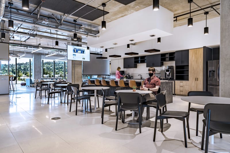Modern school cafeteria made with prefab combination wood and glass walls