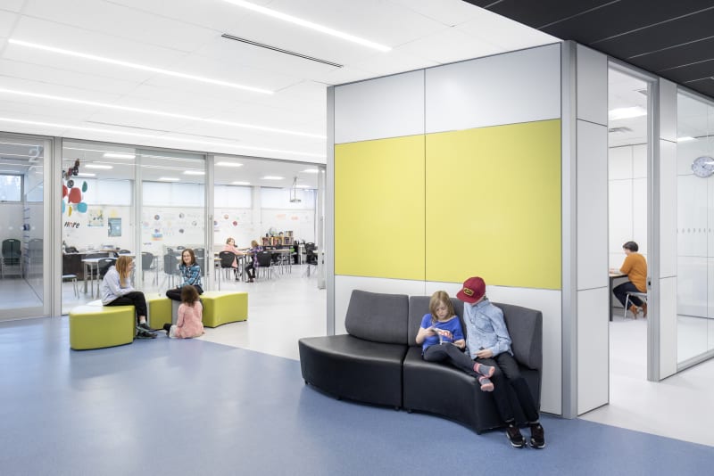 K-12 school open floor plan hallway with modular walls