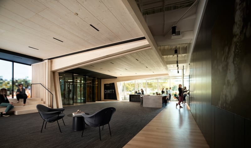 A large DIRTT Timber canopy sits over the open space lobby and VR lab area.
