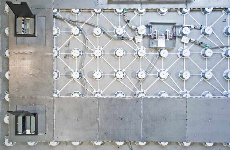 Top-down view of a raised floor system