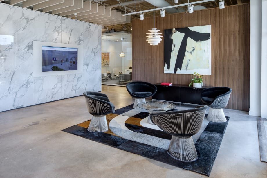 Image of an interior office lounge space built using prefab modular wall panels