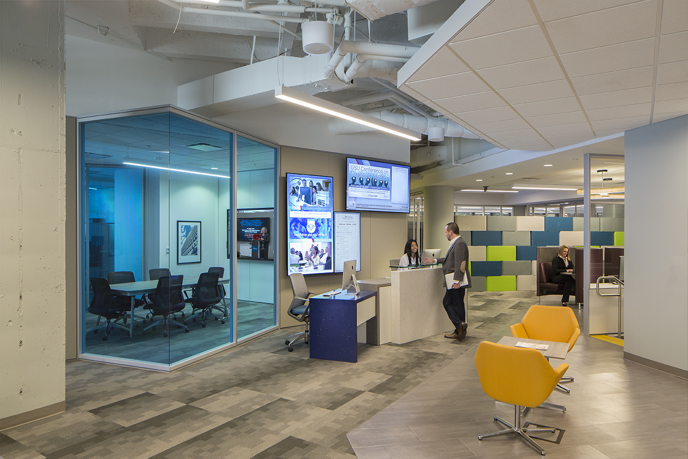 College building open space with bright finishes on modular wall systems