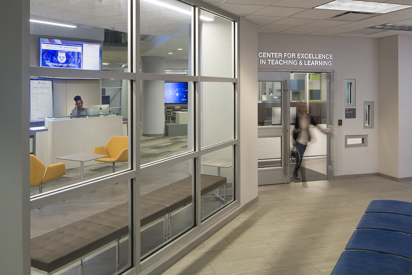 Modern college building entryway with modular glass wall system