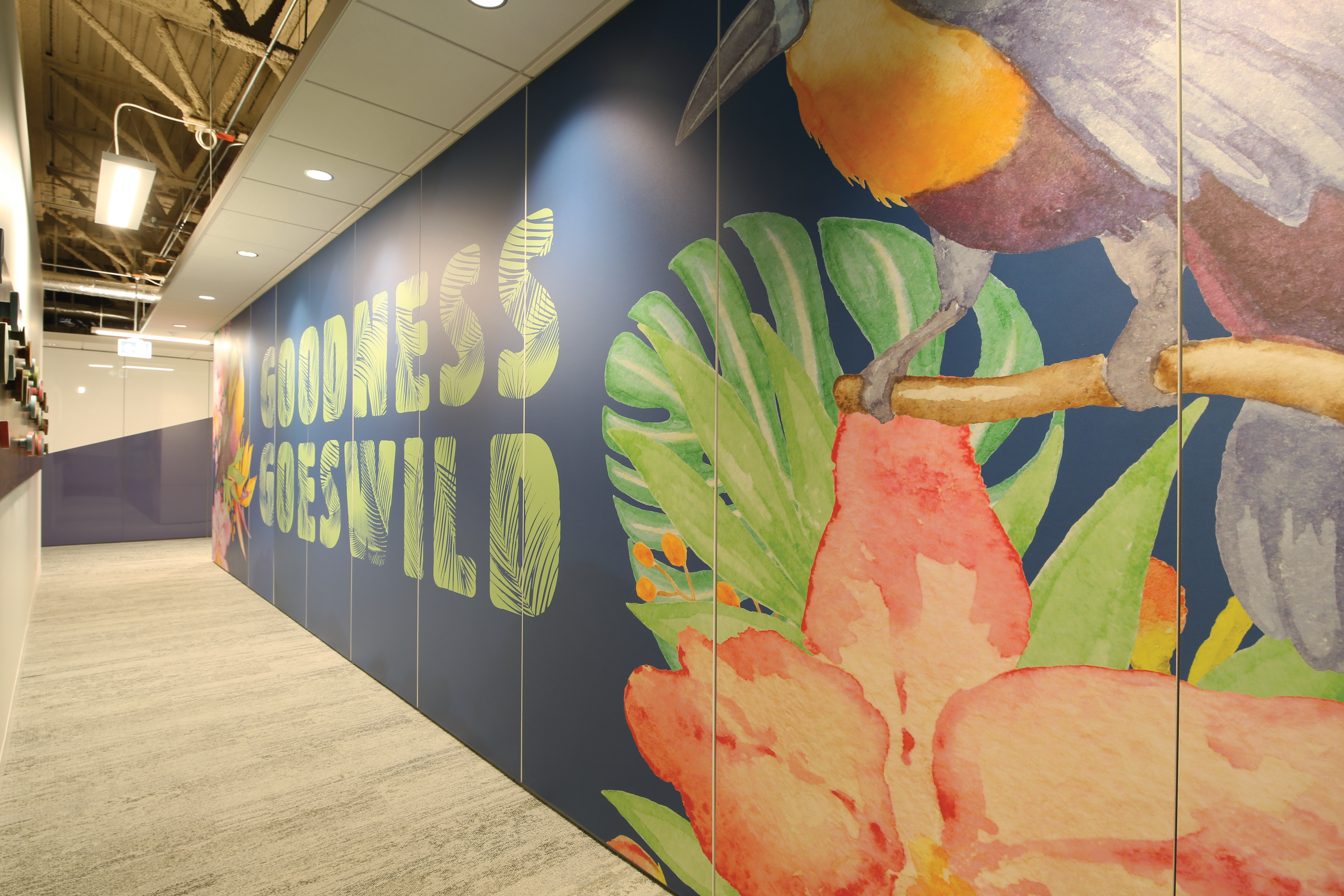 This hallway is lined with a sold modular DIRTT wall that features custom graphics.