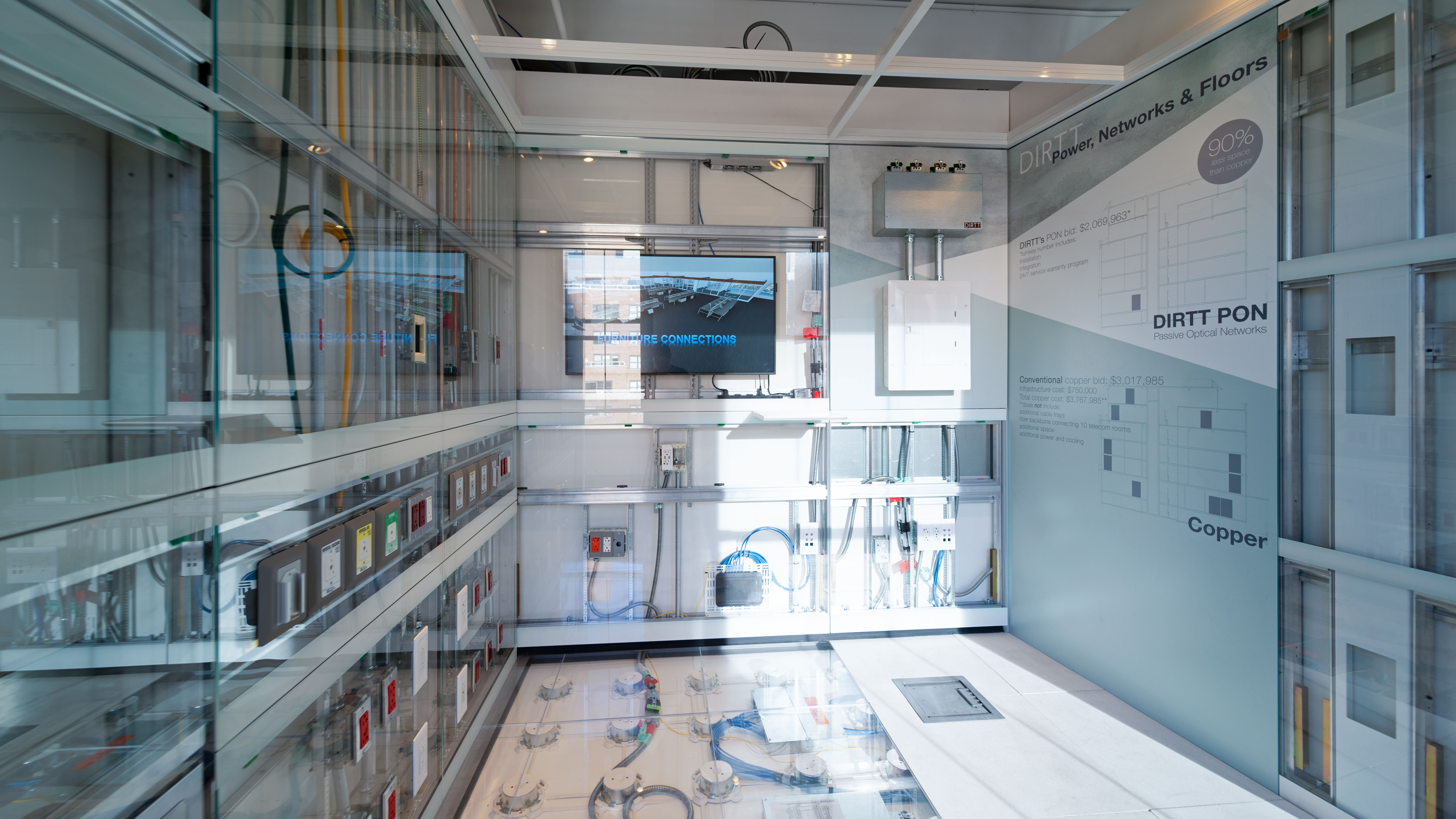 A close look at the inside of DIRTT's headwalls, access floor, and regular walls and all the power, network and med gas.