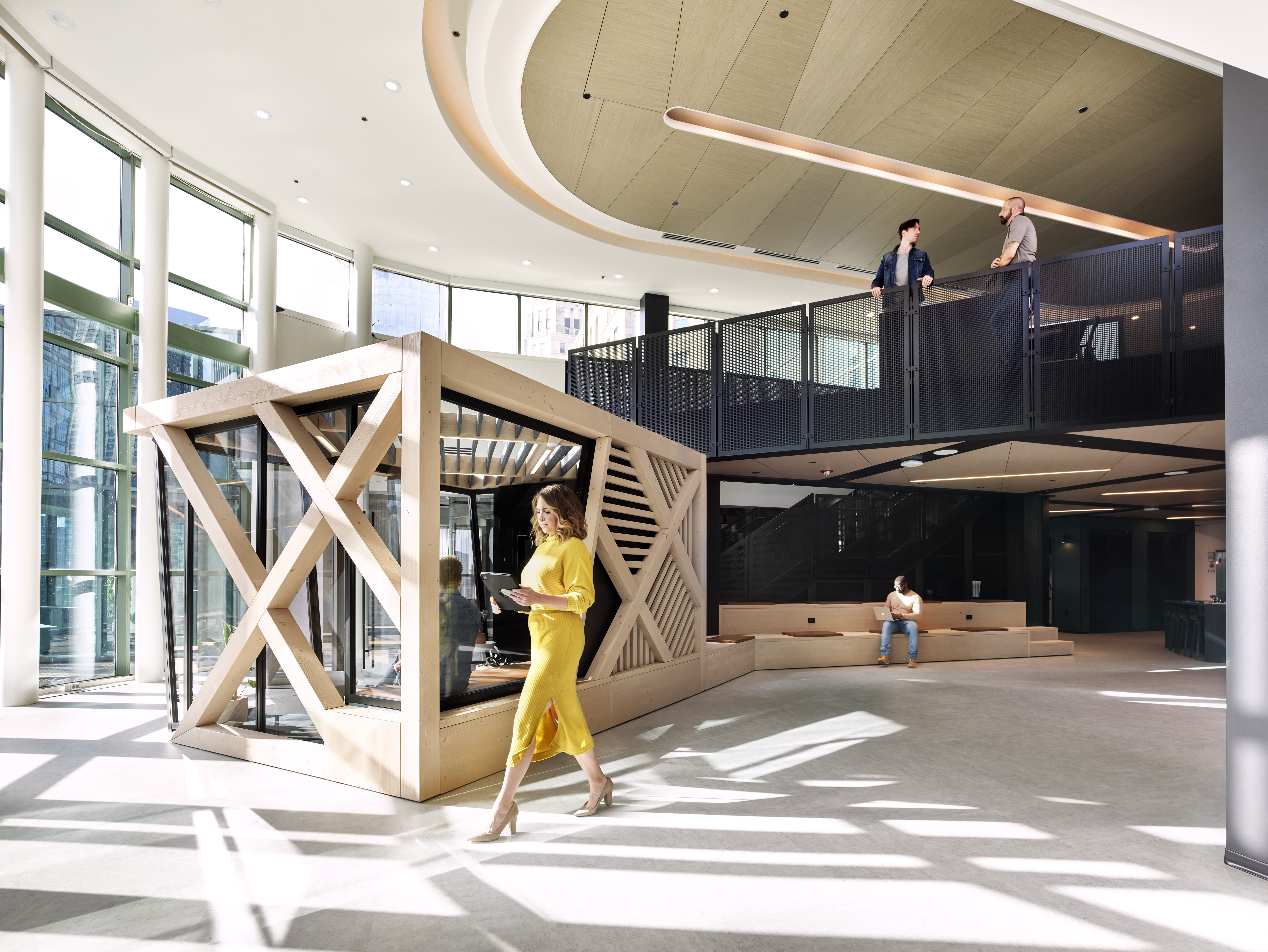 DIRTT's freestanding Timber framed meeting room features Inspire modular glass walls.
