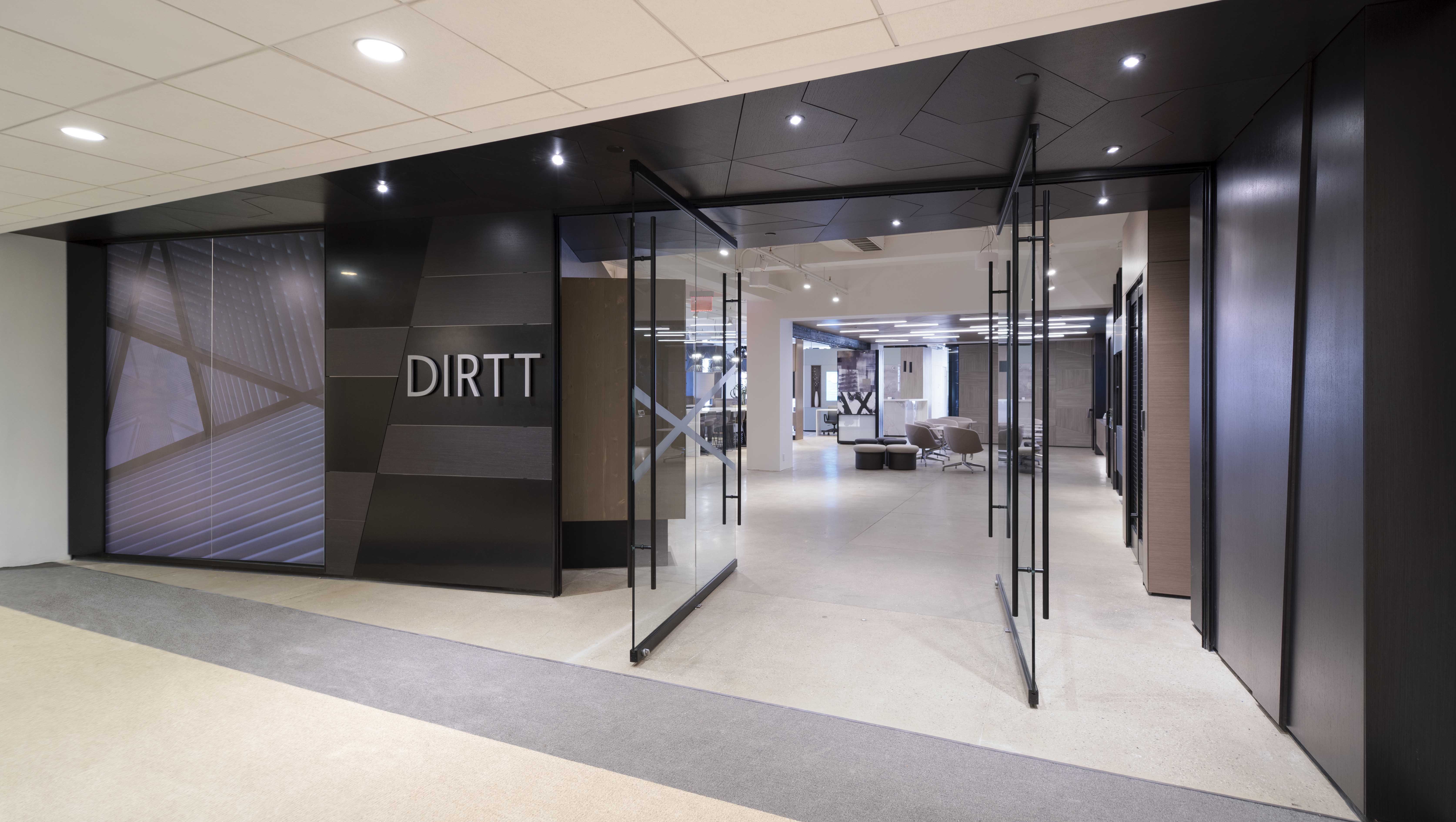 Pivoting interior doors leading into a DIRTT Experience Center