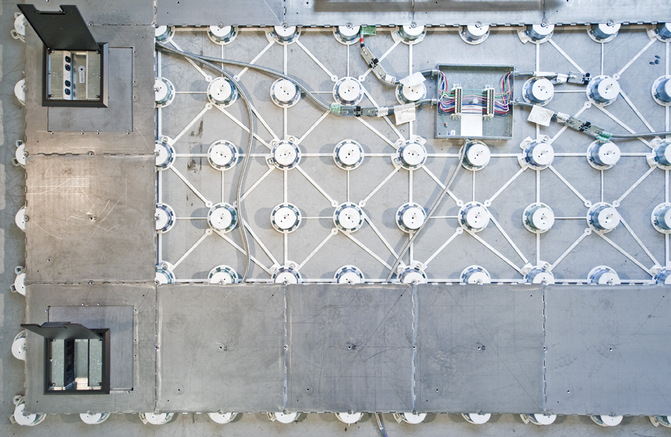 Top-down view of a raised floor system