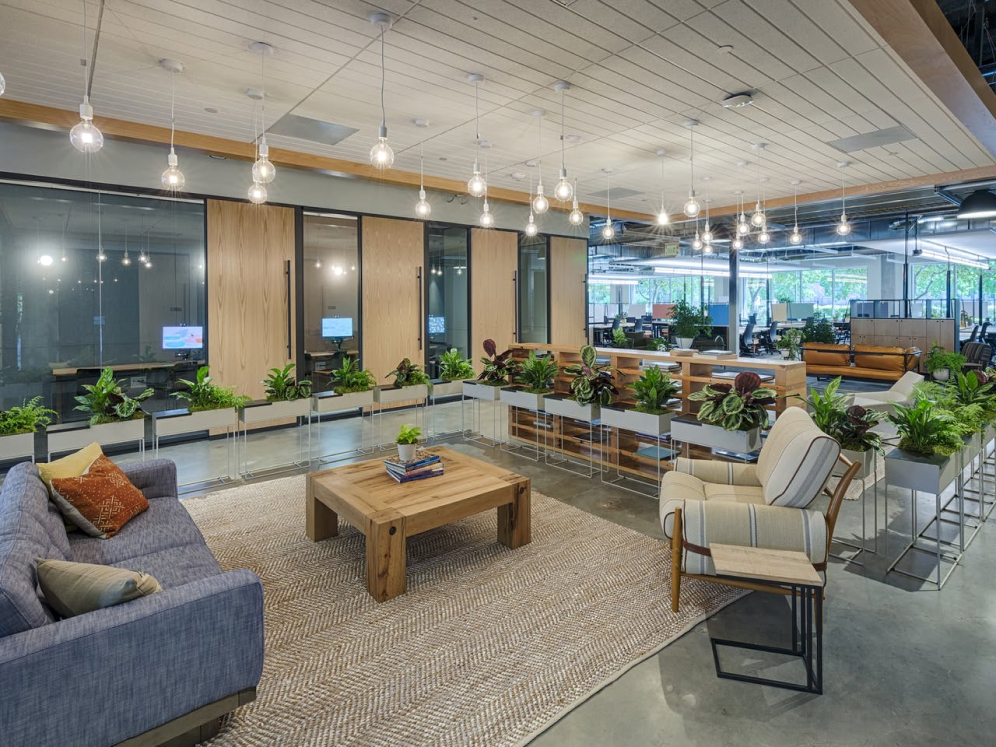 Seating area with couches and a coffee table in an office.