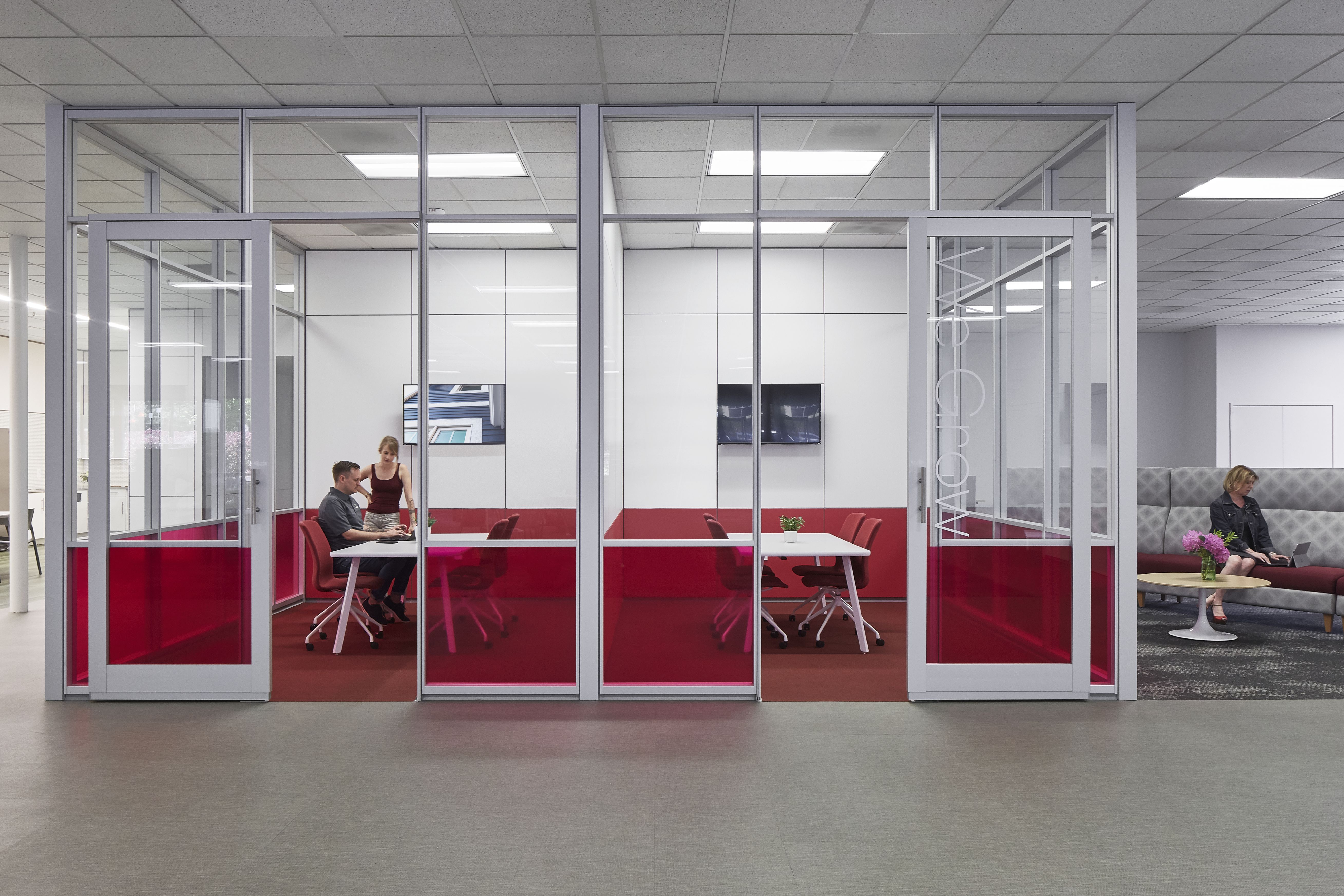 Interior sliding glass door in a meeting room