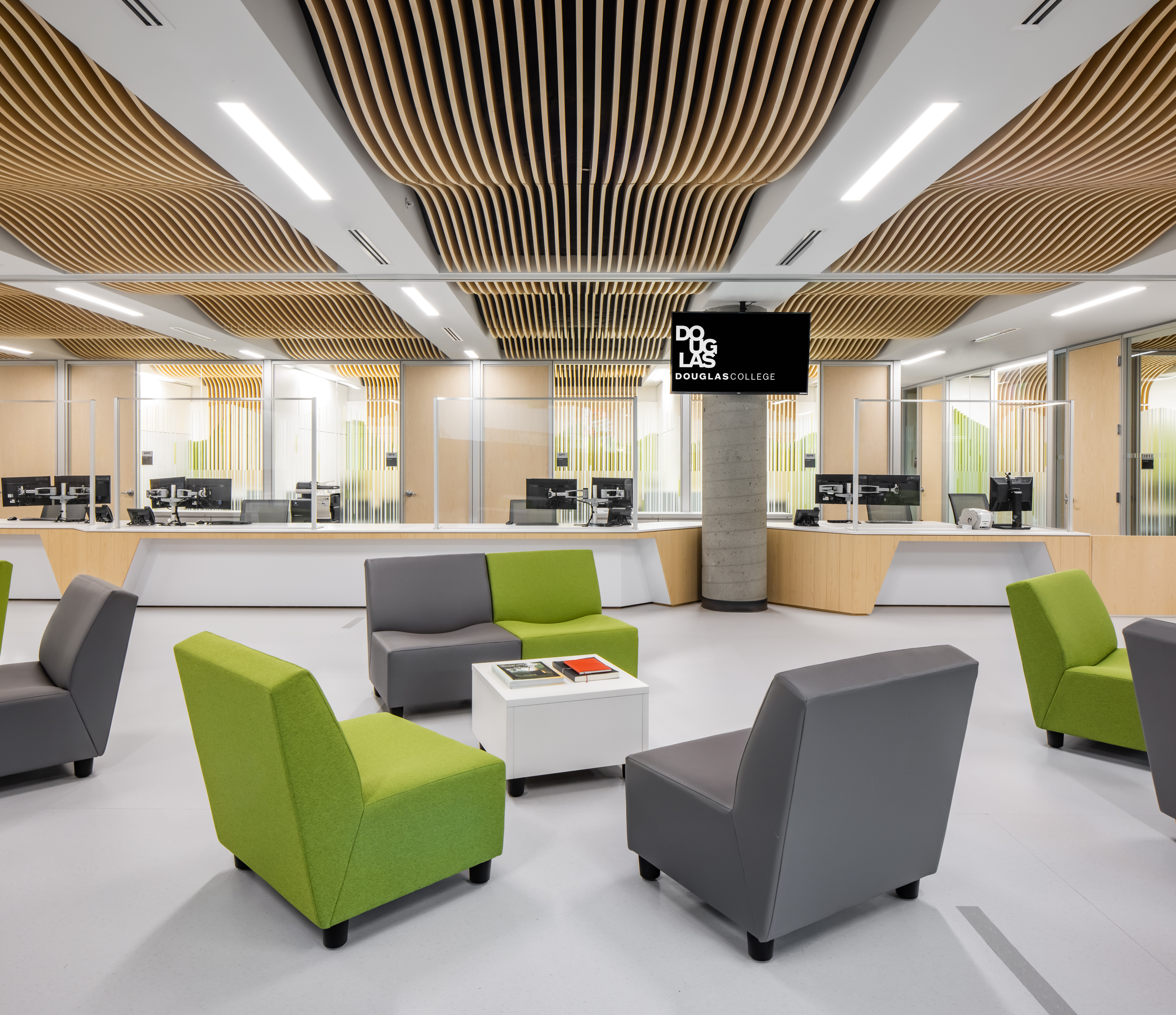 College building open space floor plan with geometric overhead elements