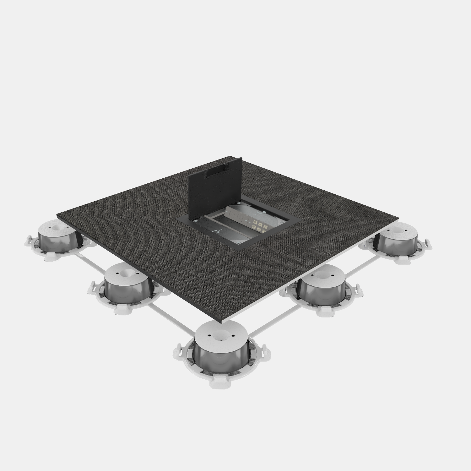 Image of a raised flooring system with power and data access from the floor